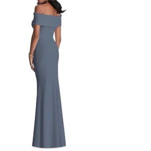 AFTER SIX Dusty Blue Off The Shoulder Crepe Stretch G…